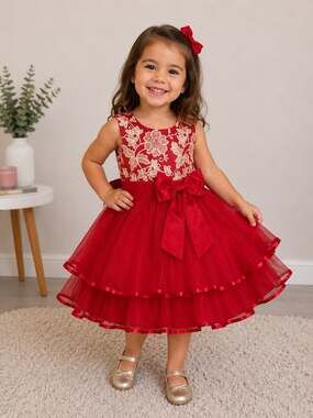 Girls Red Fit & Flare Sleeveless Party Dress Knee Length with Bow Embroidery 3T